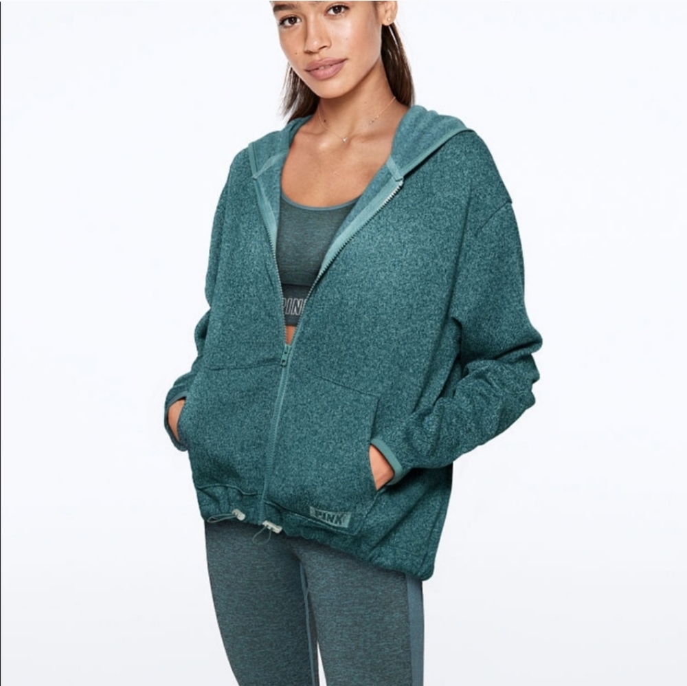 PINK Victoria's Secret Teal Hi-low Hoodie Zip Up Sweater Knit Jacket Size Medium